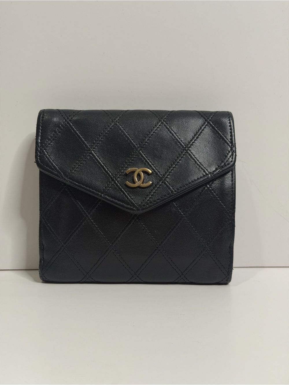 CHANEL Vintage Black Quilted Leather Wallet with Gold CC Emblem COA included